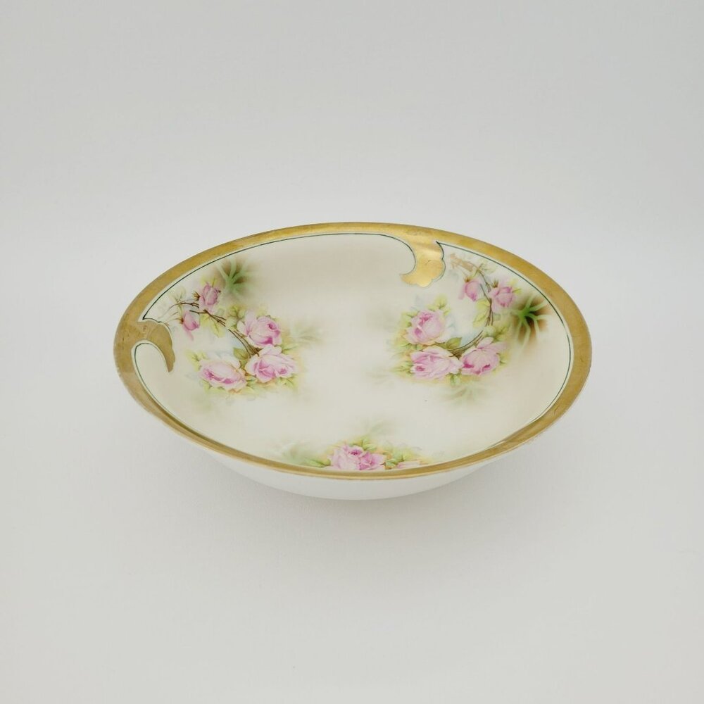 Vintage Art Nouveau Centerpiece Bowl Hand Painted Roses Heavy Gold Artist Signed
